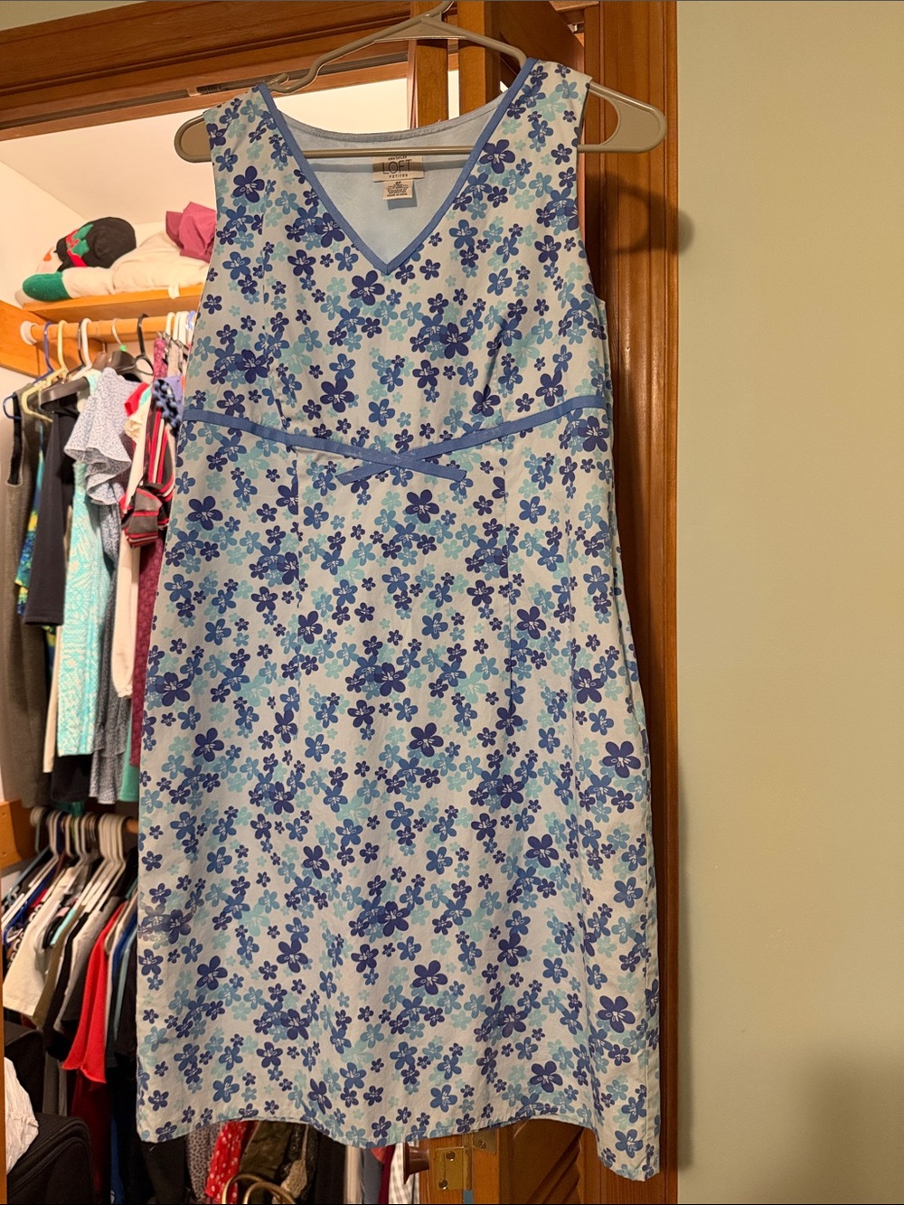 LOFT Light Blue & Navy Floral V-Neck Midi Dress